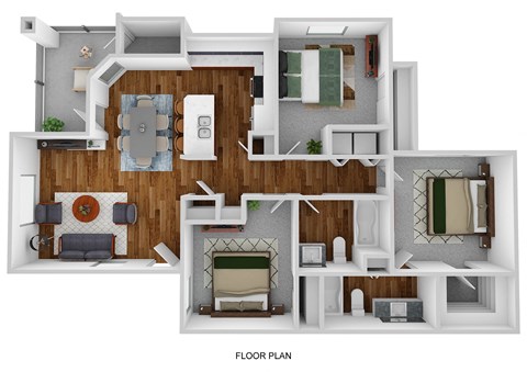 Floor plan for 3 beds, 2 baths, 1174 sqft
